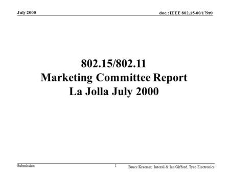 Doc.: IEEE 802.15-00/179r0 Submission July 2000 Bruce Kraemer, Intersil & Ian Gifford, Tyco Electronics 1 802.15/802.11 Marketing Committee Report La Jolla.