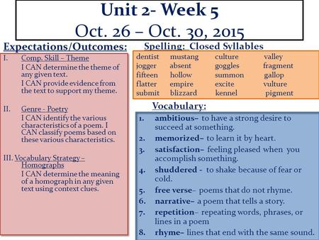 Unit 2- Week 5 Oct. 26 – Oct. 30, 2015 I.Comp. Skill – Theme I CAN determine the theme of any given text. I CAN provide evidence from the text to support.