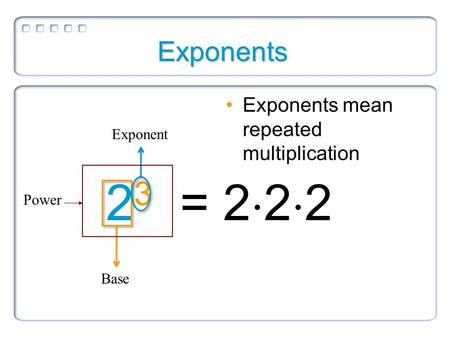 Exponents Exponents mean repeated multiplication 2 3 = 2  2  2 Base Exponent Power.