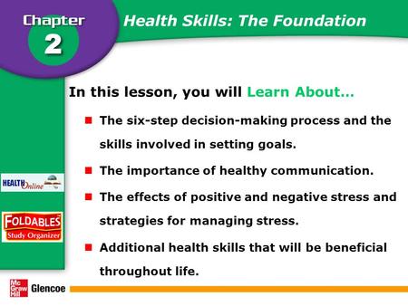 Health Skills: The Foundation In this lesson, you will Learn About… The six-step decision-making process and the skills involved in setting goals. The.