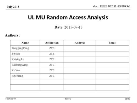 Doc.: IEEE 802.11-15/0843r1 July 2015 Submission(ZTE) UL MU Random Access Analysis Date: 2015-07-13 Slide 1 Authors: NameAffiliationAddressEmail Yonggang.