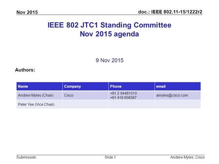 IEEE 802 JTC1 Standing Committee Nov 2015 agenda