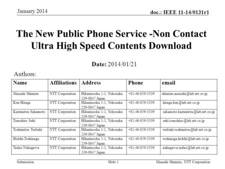 Submission doc.: IEEE 11-14/0131r1 January 2014 Masashi Shimizu, NTT CorporationSlide 1 The New Public Phone Service -Non Contact Ultra High Speed Contents.