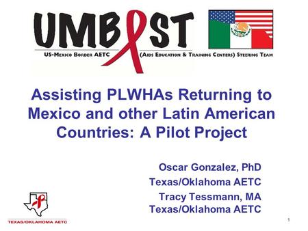 1 Assisting PLWHAs Returning to Mexico and other Latin American Countries: A Pilot Project Oscar Gonzalez, PhD Texas/Oklahoma AETC Tracy Tessmann, MA Texas/Oklahoma.