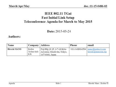 Doc.:11-15-0486-03 AgendaHiroshi Mano, Koden-TISlide 1 IEEE 802.11 TGai Fast Initial Link Setup Teleconference Agenda for March to May 2015 Date: 2015-03-24.