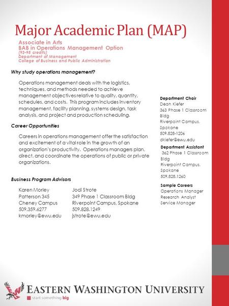 Major Academic Plan (MAP) Why study operations management? Operations management deals with the logistics, techniques, and methods needed to achieve management.