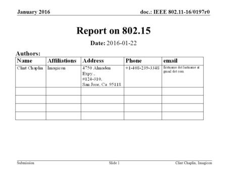 Doc.: IEEE 802.11-16/0197r0 Submission January 2016 Clint Chaplin, Imagicon Slide 1 Report on 802.15 Date: 2016-01-22 Authors: