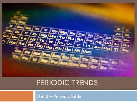 PERIODIC TRENDS Unit 3 – Periodic Table. What patterns exist on the periodic table? Lesson Essential Question:
