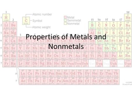 Properties of Metals and Nonmetals. Metals Metals have certain properties such as they are malleable, ductile, and conductive. Malleable-capable of being.