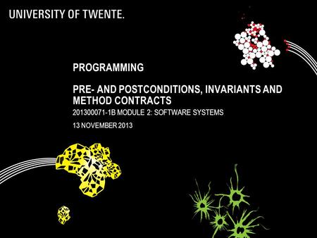PROGRAMMING PRE- AND POSTCONDITIONS, INVARIANTS AND METHOD CONTRACTS 201300071-1B MODULE 2: SOFTWARE SYSTEMS 13 NOVEMBER 2013.