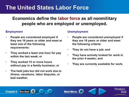 Chapter 9SectionMain Menu Economics define the labor force as all nonmilitary people who are employed or unemployed. The United States Labor Force Employment.