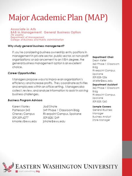 Major Academic Plan (MAP) Why study general business management? If you’re considering business ownership; entry positions in management in private sector,