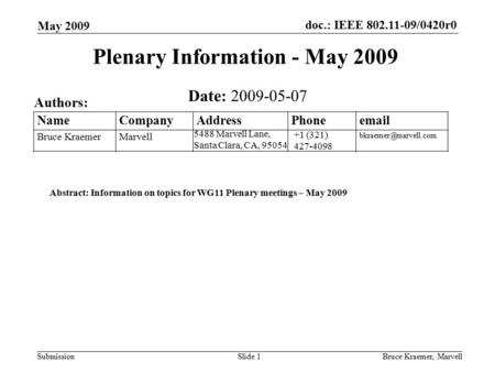Doc.: IEEE 802.11-09/0420r0 Submission May 2009 Bruce Kraemer, MarvellSlide 1 +1 (321) 427-4098 5488 Marvell Lane, Santa Clara, CA, 95054 Name Company.