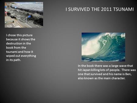 I chose this picture because it shows the destruction in the book from the tsunami and how it wiped out everything in its path. In the book there was a.