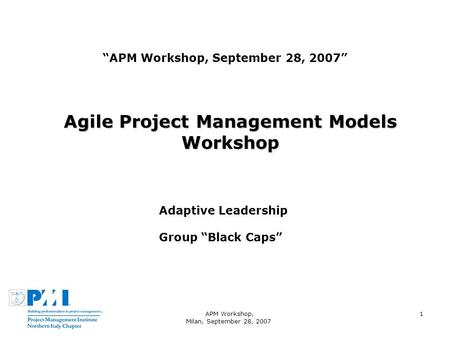 APM Workshop, Milan, September 28, 2007 1 APM Workshop, September 28, 2007 Agile Project Management Models Workshop Adaptive Leadership Group Black Caps.