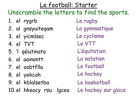 Le football: Starter Unscramble the letters to find the sports.
