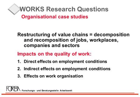 Forschungs- und Beratungsstelle Arbeitswelt WORKS Research Questions Organisational case studies Restructuring of value chains = decomposition and recomposition.