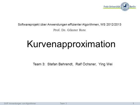 1 Softwareprojekt über Anwendungen effizienter Algorithmen, WS 2012/2013 Prof. Dr. Günter Rote Kurvenapproximation SWP Anwendungen von AlgorithmenTeam.