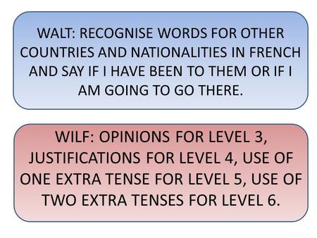 WALT: RECOGNISE WORDS FOR OTHER COUNTRIES AND NATIONALITIES IN FRENCH AND SAY IF I HAVE BEEN TO THEM OR IF I AM GOING TO GO THERE. WILF: OPINIONS FOR LEVEL.
