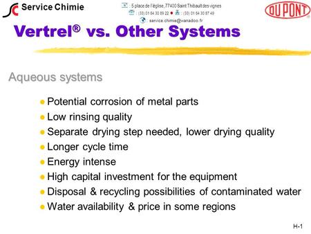 Vertrel ® vs. Other Systems Aqueous systems l l Potential corrosion of metal parts l l Low rinsing quality l l Separate drying step needed, lower drying.