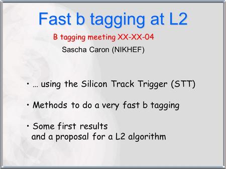 Fast b tagging at L2 B tagging meeting XX-XX-04 Sascha Caron (NIKHEF) … using the Silicon Track Trigger (STT) Methods to do a very fast b tagging Some.