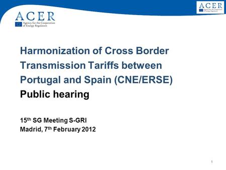 1 Harmonization of Cross Border Transmission Tariffs between Portugal and Spain (CNE/ERSE) Public hearing 15 th SG Meeting S-GRI Madrid, 7 th February.