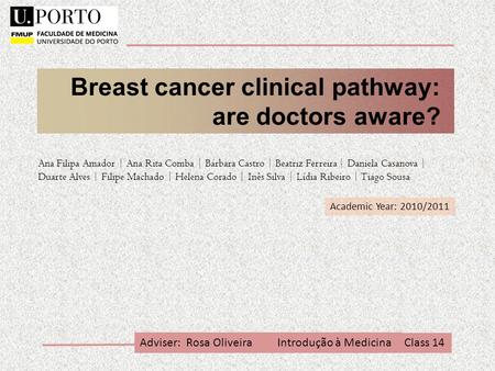 Breast cancer clinical pathway: are doctors aware? Ana Filipa Amador | Ana Rita Comba | Bárbara Castro | Beatriz Ferreira | Daniela Casanova | Duarte Alves.