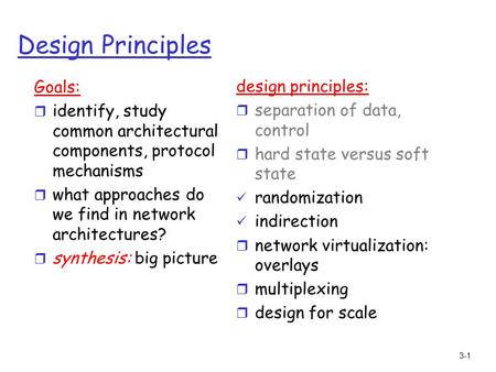 3-1 Design Principles Goals: r identify, study common architectural components, protocol mechanisms r what approaches do we find in network architectures?