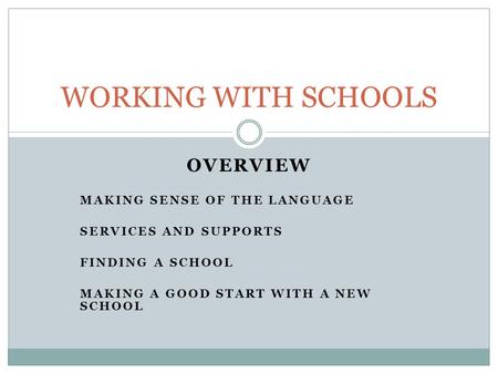 OVERVIEW MAKING SENSE OF THE LANGUAGE SERVICES AND SUPPORTS FINDING A SCHOOL MAKING A GOOD START WITH A NEW SCHOOL WORKING WITH SCHOOLS.