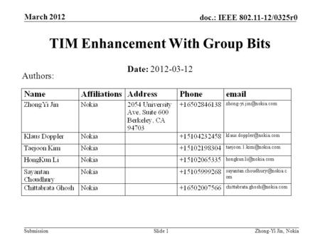 Submission doc.: IEEE 802.11-12/0325r0 March 2012 Slide 1 TIM Enhancement With Group Bits Date: 2012-03-12 Authors: Zhong-Yi Jin, Nokia.