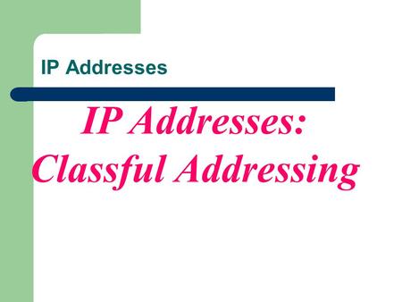 IP Addresses: Classful Addressing IP Addresses. CONTENTS INTRODUCTION CLASSFUL ADDRESSING Different Network Classes Subnetting Classless Addressing Supernetting.