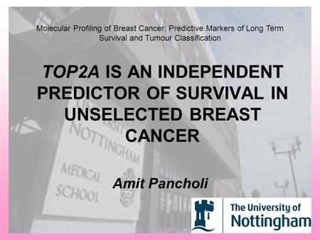 TOP2A IS AN INDEPENDENT PREDICTOR OF SURVIVAL IN UNSELECTED BREAST CANCER Amit Pancholi Molecular Profiling of Breast Cancer: Predictive Markers of Long.