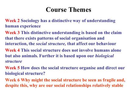 Course Themes Week 2 Sociology has a distinctive way of understanding human experience Week 3 This distinctive understanding is based on the claim that.
