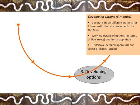 3. Developing options Developing options (5 months) Generate three different options for future institutional arrangements for the Mvoti Work up details.