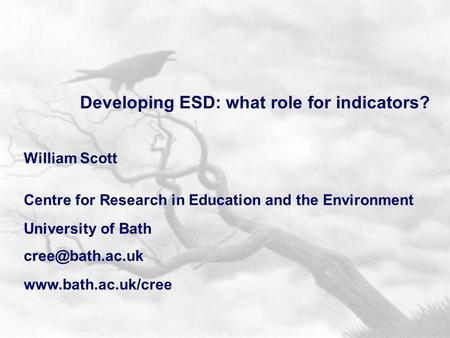 Developing ESD: what role for indicators? William Scott Centre for Research in Education and the Environment University of Bath