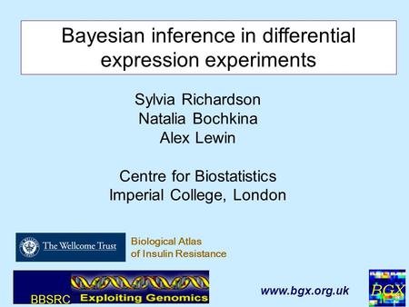 BGX 1 Sylvia Richardson Natalia Bochkina Alex Lewin Centre for Biostatistics Imperial College, London Bayesian inference in differential expression experiments.