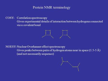Protein NMR terminology COSY-Correlation spectroscopy Gives experimental details of interaction between hydrogens connected via a covalent bond NOESY-Nuclear.