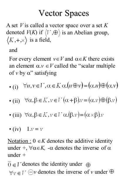 Vector Spaces A set V is called a vector space over a set K denoted V(K) if is an Abelian group, is a field, and For every element vV and K there exists.