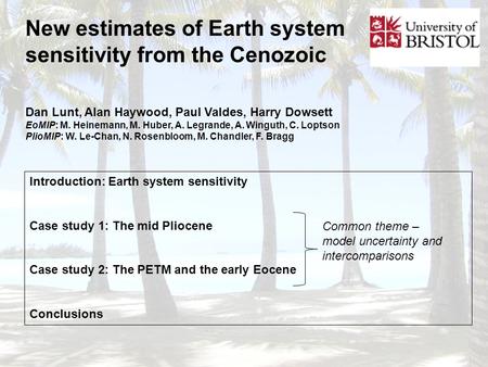 New estimates of Earth system sensitivity from the Cenozoic Introduction: Earth system sensitivity Case study 1: The mid Pliocene Case study 2: The PETM.