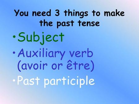 You need 3 things to make the past tense Subject Auxiliary verb (avoir or être) Past participle.