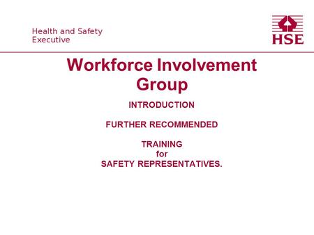 Workforce Involvement Group INTRODUCTION FURTHER RECOMMENDED TRAINING for SAFETY REPRESENTATIVES.