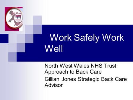 Work Safely Work Well North West Wales NHS Trust Approach to Back Care Gillian Jones Strategic Back Care Advisor.