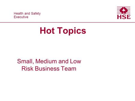 Health and Safety Executive Health and Safety Executive Hot Topics Small, Medium and Low Risk Business Team.