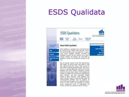 ESDS Qualidata. Qualitative Data Collections Data from National Research Council (ESRC) individual research grant awards Data from ESRC Programme research.