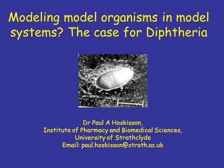 Modeling model organisms in model systems? The case for Diphtheria Dr Paul A Hoskisson, Institute of Pharmacy and Biomedical Sciences, University of Strathclyde.