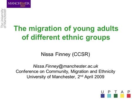 The migration of young adults of different ethnic groups Nissa Finney (CCSR) Conference on Community, Migration and Ethnicity.