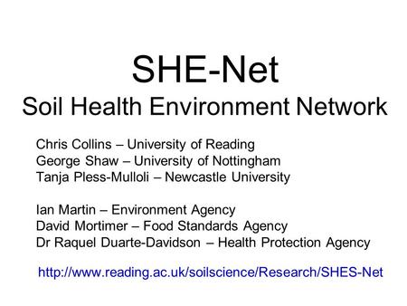 SHE-Net Soil Health Environment Network Chris Collins – University of Reading George Shaw – University of Nottingham Tanja Pless-Mulloli – Newcastle University.