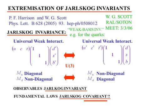 EXTREMISATION OF JARLSKOG INVARIANTS JARLSKOG INVARIANCE: U(3) Diagonal Non-Diagonal Diagonal OBSERVABLES JARLKOG INVARIANT FUNDAMENTAL LAWS JARLSKOG COVARIANT.