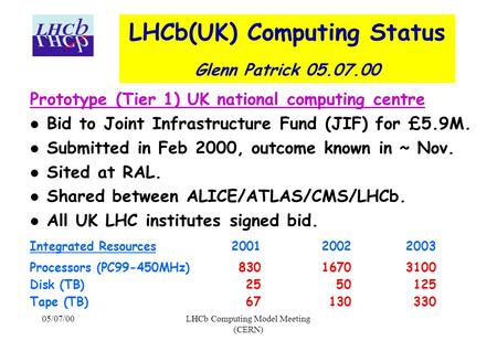 05/07/00LHCb Computing Model Meeting (CERN) LHCb(UK) Computing Status Glenn Patrick 05.07.00 Prototype (Tier 1) UK national computing centre Bid to Joint.