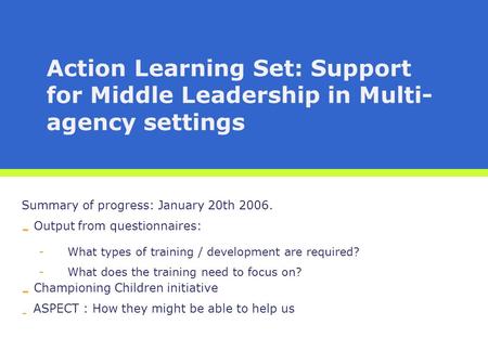 Action Learning Set: Support for Middle Leadership in Multi- agency settings Summary of progress: January 20th 2006. - Output from questionnaires: -What.
